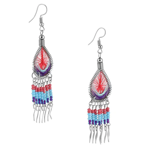 Stainless Steel Peruvian Multi-Color Silk Thread Beaded Dangle Earrings - Image 3