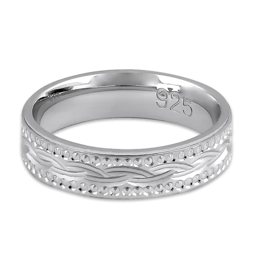Sterling Silver Diamond Cut Wavy Wedding Band Ring - Image 4