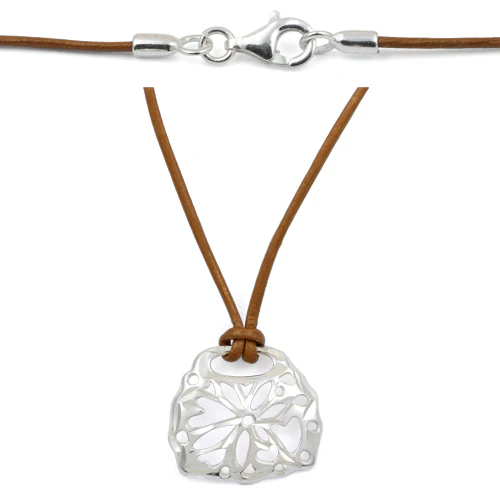 Sterling Silver Diamond Cut Flower with Brown Leather Cord Necklace - Image 3