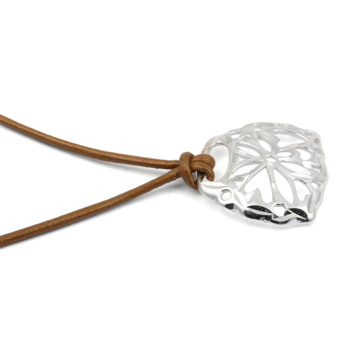 Sterling Silver Diamond Cut Flower with Brown Leather Cord Necklace - Image 4