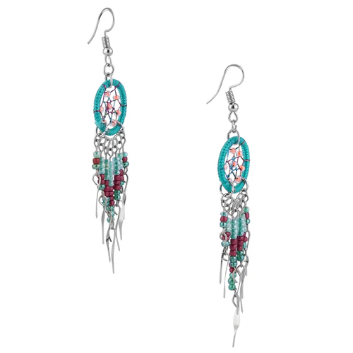 Stainless Steel Dream Catcher Dark Green Beaded Dangle Earrings - Image 3