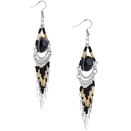 Stainless Steel Black Round Murano Glass Peruvian Earrings - Image 3