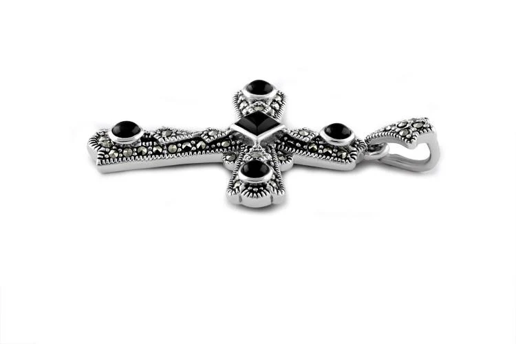 Sterling Silver Black Onyx Cross Marcasite Pendant - Image 3