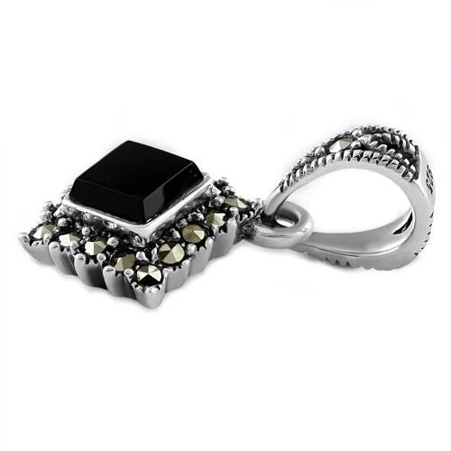 Sterling Silver Black Onyx Square Marcasite Pendant - Image 3