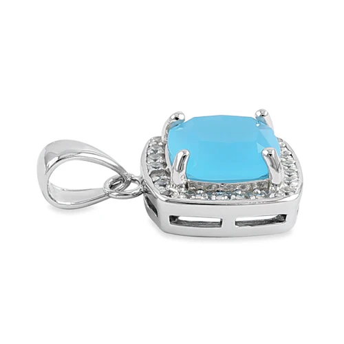 Sterling Silver Milky Blue Glass Cushion Halo Pendant - Image 3