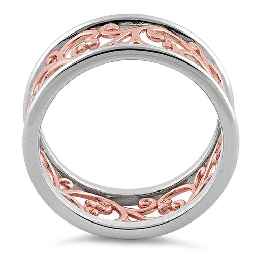 Sterling Silver Two Tone Rose Gold Plated Vines Band Ring - Image 3