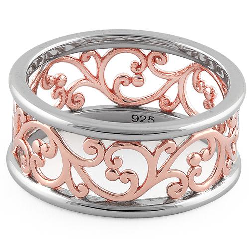 Sterling Silver Two Tone Rose Gold Plated Vines Band Ring - Image 4