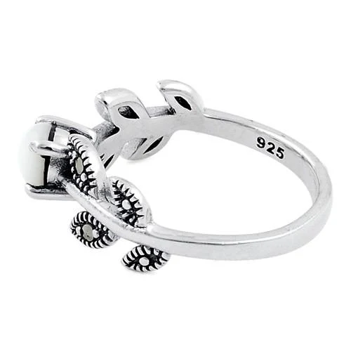 Sterling Silver Mother of Pearl Leaves Marcasite Ring - Image 4